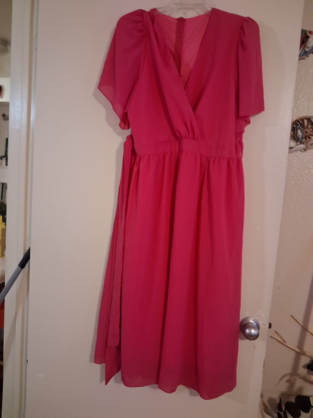 Pink V-Neck Midi Dress with Flutter Sleeves